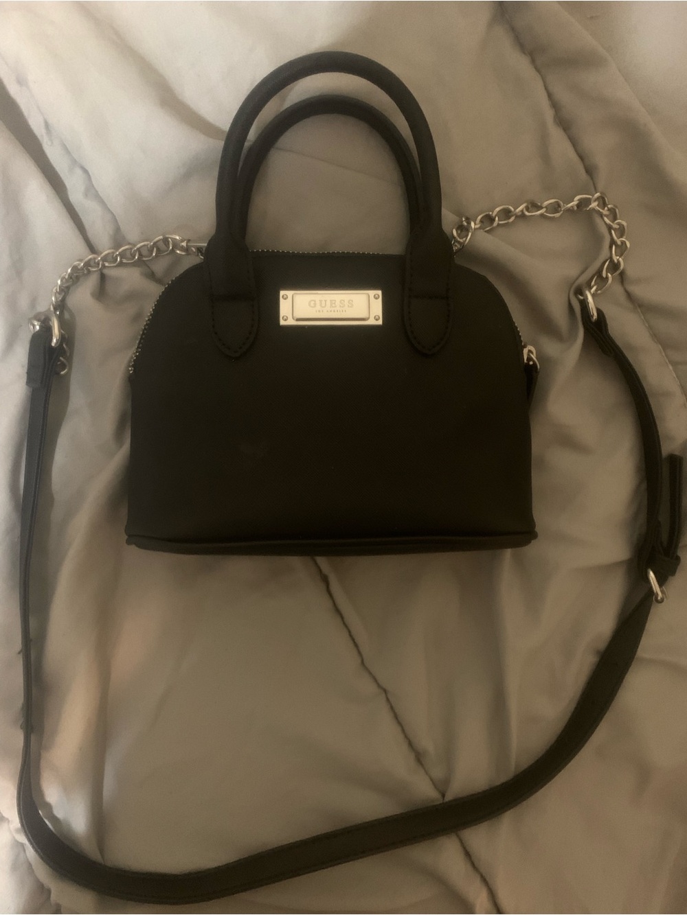 GUESS Black Dome Satchel with Silver Chain Strap